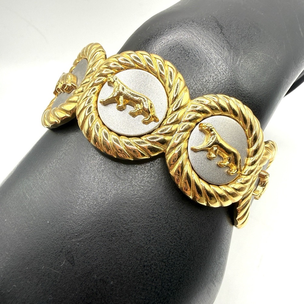 Vintage PANTHER Jaguar BIG CAT Gold / Silver Tone Hinged Clamper Bracelet 6.5"